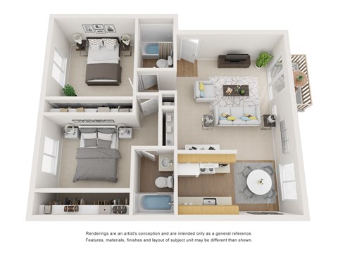 Floor plan for 2 beds, 2 baths, 950 sqft